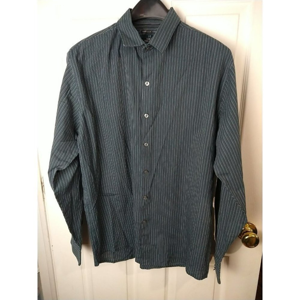 $ VanHeusen Studio Men's Long Sleeve Teal Grey Striped Dress Shirt Size L